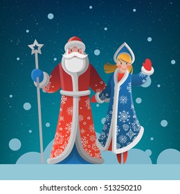 New Year greeting card with cartoon Father Frost and Snow Maiden. Christmas gift card with Santa Claus. Winter holiday Xmas postcard with Ded Moroz and Snegurochka. Vector illustration art. 