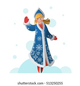 New Year greeting card with cartoon Snow Maiden. Christmas gift card with Snow girl. Winter holiday Xmas postcard with Snegurochka. Vector illustration art. 