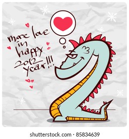 New year greeting card with cartoon dragon on a paper-background. Vector illustration.