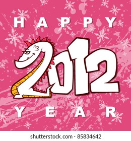 New year greeting card with cartoon dragon on a grunge-background. Vector illustration.