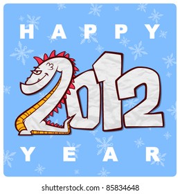 New year greeting card with cartoon dragon. Vector illustration.