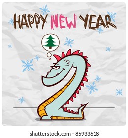 New year greeting card with cartoon dragon on a paper-background. Vector illustration.