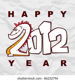 New year greeting card with cartoon dragon on a paper-background. Vector illustration.