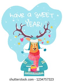 New year greeting card with cheerful reindeer. Cute winter character illustration