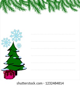 New Year greeting card with Christmas tree, with Christmas present, with spruce branches and snowflakes Template for Christmas and New Year cards, invitations, stickers Vector illustration.