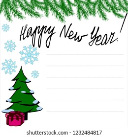 New Year greeting card with Christmas tree, with Christmas present, with spruce branches and snowflakes Template for Christmas and New Year cards, invitations, stickers with holiday lettering 
