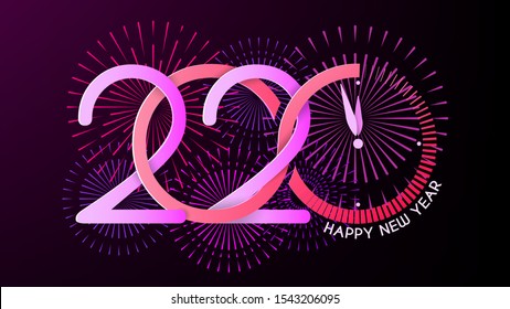 New Year Greeting Card. Christmas. Bright neon colors. Happy New Year 2020 inscription. Abstract clock, explosions of fireworks and salute. Infinity symbol and loading scale. Vector. Dark background.