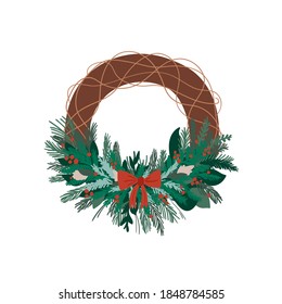 New Year greeting card. Christmas wreath with winter floral elements. Vector illustration in flat style on white background.