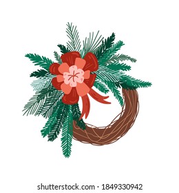 New Year greeting card. Christmas wreath with winter floral elements. Vector illustration in flat style on white background.