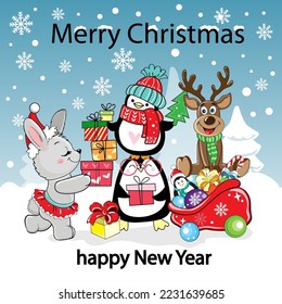 New Year greeting card with Christmas animals with gifts. Bunny, deer and penguins. Vector cartoon illustration. Chinese symbol 2023 new year