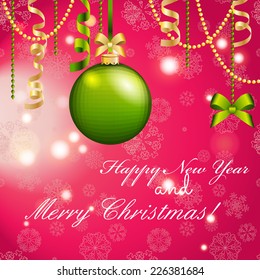 New Year greeting card. Christmas Ball with Ribbon. Xmas Decorations. Sparkles and bokeh. Shiny and glowing