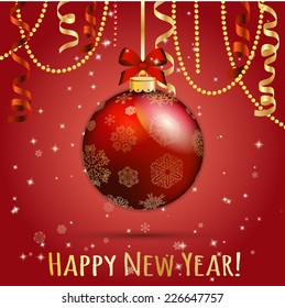 New Year greeting card. Christmas Ball with Ribbon. Xmas Decorations. Sparkles and bokeh. Shiny and glowing. Holiday Design. Vector.