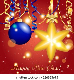 New Year greeting card. Christmas Star Ball with bow and ribbon. Xmas Decorations. Sparkles and bokeh. Shiny and glowing. Holiday Design. Vector.