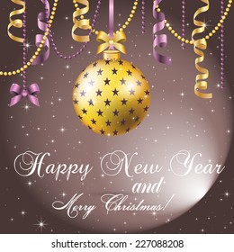 New Year greeting card. Christmas Ball with bow and ribbon. Xmas Decorations. Sparkles and bokeh. Shiny and glowing