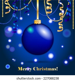New Year greeting card. Christmas Ball with bow and ribbon. Xmas Decorations. Sparkles and bokeh. Shiny and glowing