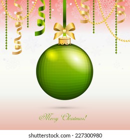 New Year greeting card. Christmas Ball with bow and ribbon. Xmas Decorations. Sparkles and bokeh. Shiny and glowing