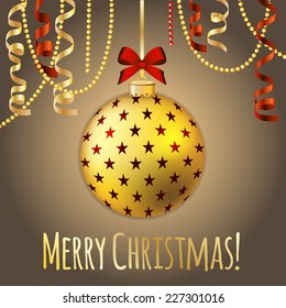New Year greeting card. Christmas Ball with bow and ribbon. Xmas Decorations. Sparkles and bokeh. Shiny and glowing