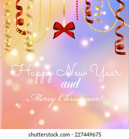 New year greeting card, Christmas bow and ribbon. Happy New Year and Merry Christmas. Xmas Decorations. Sparkles and bokeh. Shiny and glowing. Holiday Design for New Year Greeting Card. Vector.