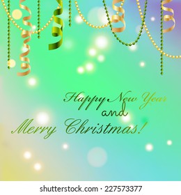 New year greeting card, Christmas bow and ribbon. Happy New Year and Merry Christmas. Xmas Decorations. Sparkles and bokeh. Shiny and glowing. Holiday Design for New Year Greeting Card. Vector.