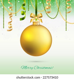 New Year greeting card. Christmas Ball with bow and ribbon. Xmas Decorations. Sparkles and bokeh. Shiny and glowing