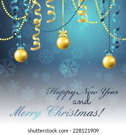 New Year greeting card. Christmas Ball with bow and ribbon. Xmas Decorations. Sparkles and bokeh. Shiny and glowing