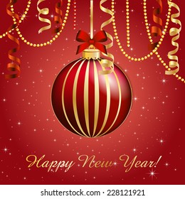 New Year greeting card. Christmas Ball with bow and ribbon. Xmas Decorations. Sparkles and bokeh. Shiny and glowing