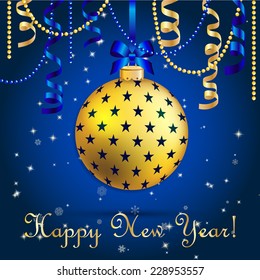 New Year greeting card. Christmas Ball with bow and ribbon. Xmas Decorations. Sparkles and bokeh. Shiny and glowing
