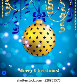 New Year greeting card. Christmas Ball with bow and ribbon. Xmas Decorations. Sparkles and bokeh. Shiny and glowing