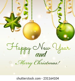 New Year greeting card. Christmas Ball with bow and ribbon. Xmas Decorations. Sparkles and bokeh. Shiny and glowing