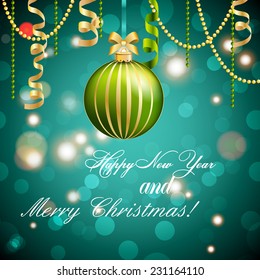 New Year greeting card. Christmas Ball with bow and ribbon. Xmas Decorations. Sparkles and bokeh. Shiny and glowing