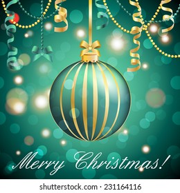 New Year greeting card. Christmas Ball with bow and ribbon. Xmas Decorations. Sparkles and bokeh. Shiny and glowing