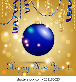 New Year greeting card. Christmas Ball with bow and ribbon. Xmas Decorations. Sparkles and bokeh. Shiny and glowing