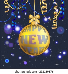 New Year greeting card. Christmas Ball with bow and ribbon. Xmas Decorations. Sparkles and bokeh. Shiny and glowing