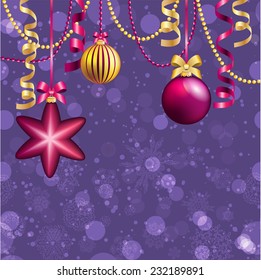New Year greeting card. Christmas Ball with bow and ribbon. Xmas Decorations. Sparkles and bokeh. Shiny and glowing
