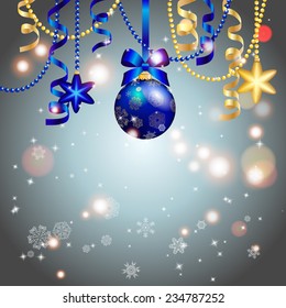 New Year greeting card. Christmas Ball with bow and ribbon. Xmas Decorations. Sparkles and bokeh. Shiny and glowing