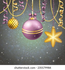 New Year greeting card. Christmas Ball with bow and ribbon. Xmas Decorations. Sparkles and bokeh. Shiny and glowing