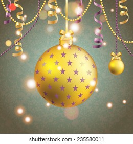 New Year greeting card. Christmas Ball with bow and ribbon. Xmas Decorations. Sparkles and bokeh. Shiny and glowing