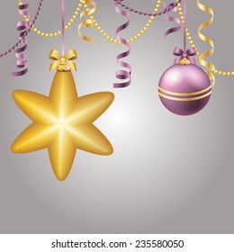 New Year greeting card. Christmas Ball with bow and ribbon. Xmas Decorations. Sparkles and bokeh. Shiny and glowing