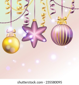New Year greeting card. Christmas Ball with bow and ribbon. Xmas Decorations. Sparkles and bokeh. Shiny and glowing