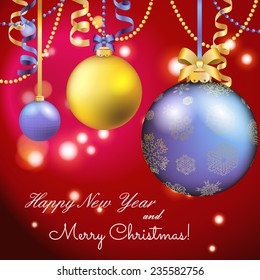 New Year greeting card. Christmas Ball with bow and ribbon. Xmas Decorations. Sparkles and bokeh. Shiny and glowing