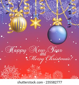 New Year greeting card. Christmas Ball with bow and ribbon. Xmas Decorations. Sparkles and bokeh. Shiny and glowing