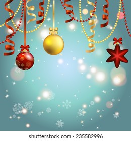 New Year greeting card. Christmas Ball with bow and ribbon. Xmas Decorations. Sparkles and bokeh. Shiny and glowing