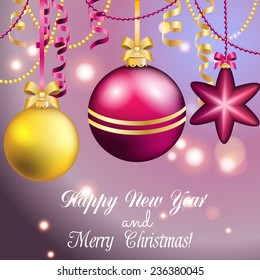 New Year greeting card. Christmas Ball with bow and ribbon. Xmas Decorations. Sparkles and bokeh. Shiny and glowing