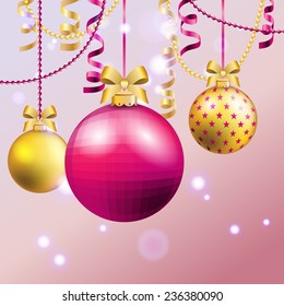 New Year greeting card. Christmas Ball with bow and ribbon. Xmas Decorations. Sparkles and bokeh. Shiny and glowing