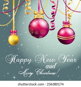 New Year greeting card. Christmas Ball with bow and ribbon. Xmas Decorations. Sparkles and bokeh. Shiny and glowing