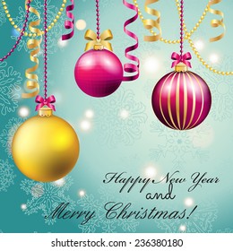 New Year greeting card. Christmas Ball with bow and ribbon. Xmas Decorations. Sparkles and bokeh. Shiny and glowing