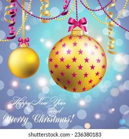 New Year greeting card. Christmas Ball with bow and ribbon. Xmas Decorations. Sparkles and bokeh. Shiny and glowing