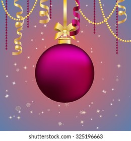 New Year greeting card. Christmas Ball with bow and ribbon. Xmas Decorations. Sparkles and bokeh. Shiny and glowing