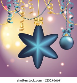 New Year greeting card. Christmas Ball with bow and ribbon. Xmas Decorations. Sparkles and bokeh. Shiny and glowing