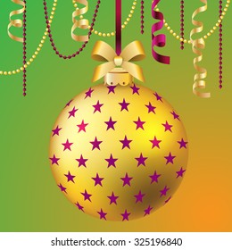 New Year greeting card. Christmas Ball with bow and ribbon. Xmas Decorations. Sparkles and bokeh. Shiny and glowing